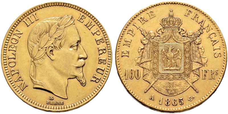 Frankreich-Königreich. Napoleon III. 1852-1870. 100 Francs 1865 -Paris-. Gad. 11...
