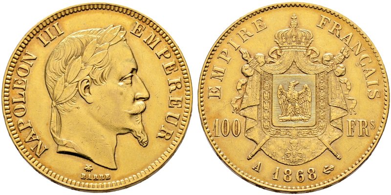 Frankreich-Königreich. Napoleon III. 1852-1870. 100 Francs 1868 -Paris-. Ein zwe...