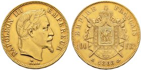 Frankreich-Königreich. Napoleon III. 1852-1870. 100 Francs 1868 -Paris-. Ein zweites Exemplar. Gad. 1136, Fr. 580, Schl. 325. 32,36 g
besserer Jahrgan...