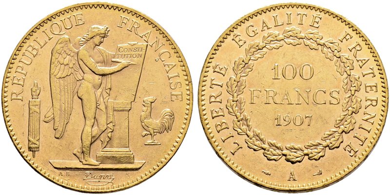 Frankreich-Königreich. Dritte Republik. 100 Francs 1907 -Paris-. Typ Genius mit ...