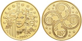 Frankreich-Königreich. Fünfte Republik seit 1958. 20 Euro-Goldmünze 2003. Europäische Währungsunion. Fr. B4, KM 1339. 15,5 g (1/2 Unze) Feingold
verka...