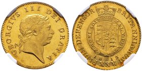 Großbritannien. George III. 1760-1820. 1/2 Guinea 1813. Spink 3737, Fr. 364, Schl. 89. 4,22 g. In Plastikholder der NGC (slapped) mit der Bewertung MS...