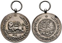 Iran-Kadjaren-Dynastie. Nasir-al-Din Shah AH 1264-1313 / AD 1848-1896. Tragbare, silberne Zivilverdienstmedaille 1873/74 (= AH 1290, hier irrigerweise...