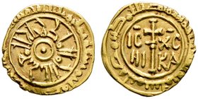 Italien-Sizilien. Roger II. 1105-1154. Tari d'oro nach 1140 -Palermo-. Doppelter arabischer Schriftkreis, in der Mitte Punkt im Kreis / IC-XC/NI-KA zu...