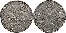 Niederlande-Deventer, Kampen und Zwolle. Taler 1583. Drei Wappen mit Helmzieren an Bändern / Gekrönter Doppeladler mit Reichsapfel auf der Brust sowie...