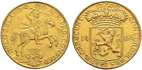 Niederlande-Zeeland. 14 Gulden (Goldener Reiter) 1760. Reiter mit gezücktem Schwert nach rechts, darunter Wappenschild / Gekrönter Wappenschild zwisch...