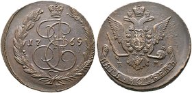 Russland. Katharina II. 1762-1796. Cu-5 Kopeken 1769 -Ekaterinburg-. Bitkin 617, Uzdenikov 2709.
vorzüglich