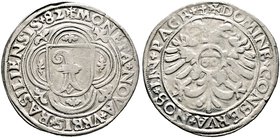 Schweiz-Basel, Stadt. Guldentaler zu 60 Kreuzer 1582. Basler Wappenschild im verzierten, doppelten Vierpass / Nimbierte Doppeladler, auf der Brust der...