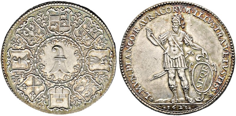 Schweiz-Basel, Stadt. Talerförmige Silbermedaille, sogen. Plancustaler 1623 unsi...