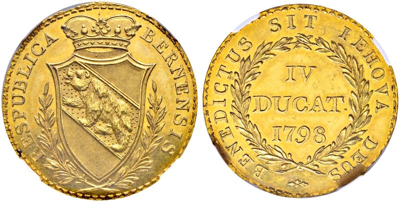 Schweiz-Bern. 4 Dukaten 1798. Gekröntes, spatenförmiges Wappen zwischen zwei Lor...