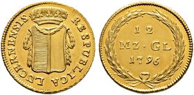 Schweiz-Luzern. 12 Münzgulden (= Duplone) 1796. Gekrönter, mit einer Girlande umlegter Wappenschild / Wertangabe und Jahreszahl im dichten Lorbeerkran...