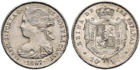 Spanien. Isabella II. 1833-1868. 10 Escudos 1867 -Madrid-. PLATIN. CCT 45 (in Gold), Schl. 266.1, Fuchs 58. 8,38 g
kleiner Schrötlingsfehler auf dem A...
