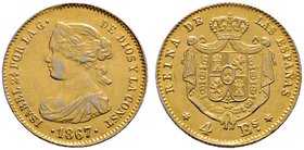 Spanien. Isabella II. 1833-1868. 4 Escudos 1867 -Madrid-. PLATIN-vergoldet. CCT 109 (in Gold), Fr. 337 (in Gold), Schl. 270.1, Fuchs 57. 3,45 g
sehr s...