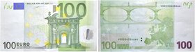Spanien. Juan Carlos 1975-2014. Banknote zu 100 Euro 2002. FEHLDRUCK mit zwei verschiedenen Serien­nummern. Hinter der unteren Nummer sind hier zusätz...