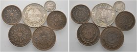 Uruguay. Lot (6 Stücke): Peso 1877 A, 10 Centesimos 1877 A und Kupfermünzen zu 4 Centesimos 1869 H, 2 Centesimos 1869 A und H sowie 20 Centesimos 1857...