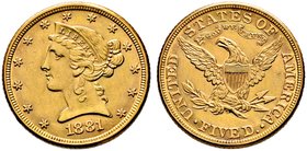 USA. 5 Dollars 1881 -Philadelphia-. Liberty Head. KM 101, Fr. 143. 8,39 g
kleine Kratzer, sehr schön-vorzüglich