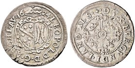 Haus Habsburg. Erzherzog Leopold (V.) 1619-1632. Doppelplappart (= Duplex) 1624 -Ensisheim-. Gekrönter Schild mit den Wappen von Ober-Elsass und Pfirt...