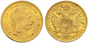 Haus Österreich. Franz Josef I., Kaiser von Österreich 1848-1916. Dukat 1864 -Karlsburg-. Her. 121, J. 330, Fr. 235 (unter Hungary). 3,48 g
selten, wi...