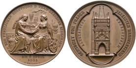 Böhmen-Prag, Stadt. Bronzemedaille 1851 von W. Seidan, auf die Eröffnung der Bahnlinie von Prag nach Dresden. Saxonia und Bohemia mit ihren Wappenschi...