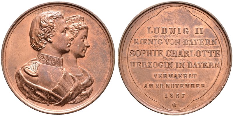Bayern. Ludwig II. 1864-1886. Bronzierte Zinnmedaille 1867 von J. Ries, auf die ...