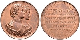 Bayern. Ludwig II. 1864-1886. Bronzierte Zinnmedaille 1867 von J. Ries, auf die geplante Vermählung mit Sophie Charlotte Auguste, Herzogin in Bayern. ...