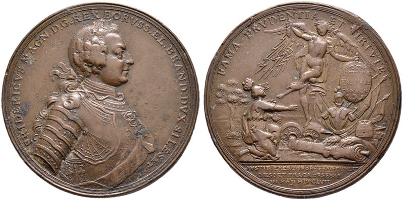 Brandenburg-Preußen. Friedrich II. 1740-1786. Bronzemedaille 1757 unsigniert, au...