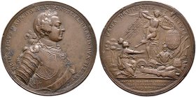 Brandenburg-Preußen. Friedrich II. 1740-1786. Bronzemedaille 1757 unsigniert, auf die Schlacht bei Prag im Siebenjährigen Krieg. Belorbeertes Brustbil...