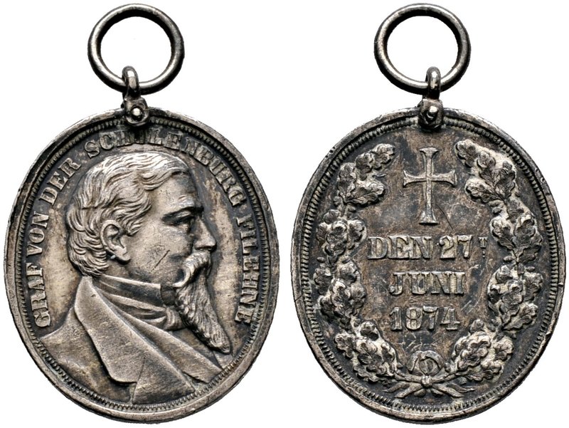 Brandenburg-Preußen. Wilhelm I. 1861-1888. Tragbare, ovale Silbermedaille 1874 u...