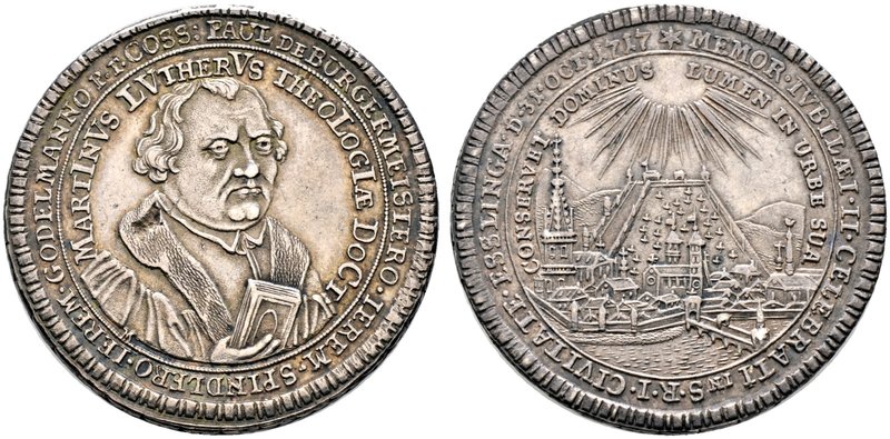 Esslingen, Stadt. Guldenförmige Silbermedaille 1717 von Chr.E. Müller, auf das R...