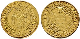 Frankfurt, Reichsmünzstätte. Sigismund von Luxemburg 1410-1437. Goldgulden o.J. Johannes der Täufer mit Lamm von vorn stehend, zwischen seinen Füßen e...