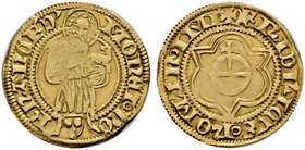 Frankfurt, Reichsmünzstätte. Friedrich III. 1451-1493. Goldgulden o.J. Johannes der Täufer mit Lamm von vorn stehend über dem Schild des Pfandinhabers...