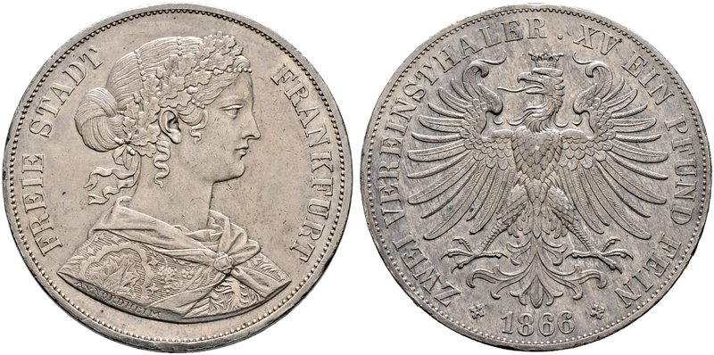 Frankfurt, Stadt. Doppelter Vereinstaler 1866. AKS 4, J. 43, Thun 145, Kahnt 183...