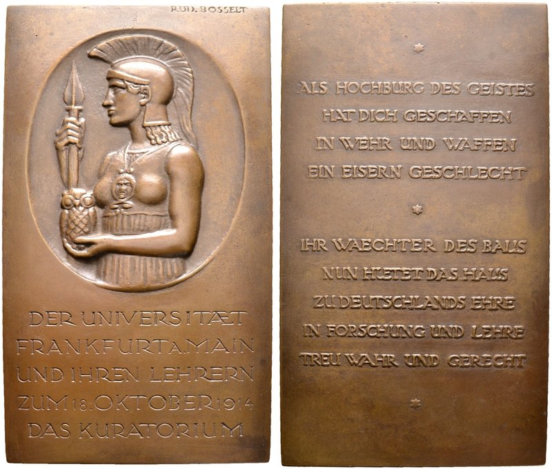 Frankfurt, Stadt. Bronzegussplakette 1914 von R. Bosselt, auf die Gründung der J...