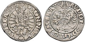 Goslar, Stadt. 1/4 Taler 1581. Maria mit Zepter, Krone und Kind in Strahlen- und Flammengloriole über dem Adler­schild / Gekrönter Doppeladler, auf de...