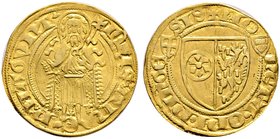 Mainz, Erzbistum. Johann II. von Nassau 1397-1419. Goldgulden o.J. (1414/17) -Bingen-. Johannes der Täufer mit Kreuzstab und segnender Rechten von vor...