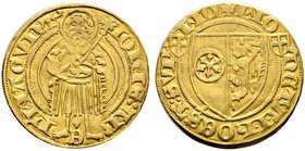 Mainz, Erzbistum. Johann II. von Nassau 1397-1419. Goldgulden o.J. (1409/13) -Höchst-. Johannes der Täufer mit Kreuzstab und segnender Rechten von vor...