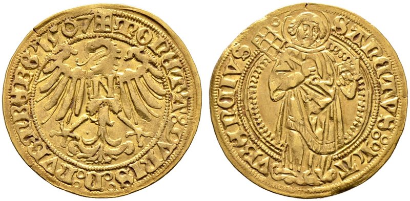Nürnberg, Stadt. Goldgulden 1507. Nach links blickender Adler mit einem "N" auf ...