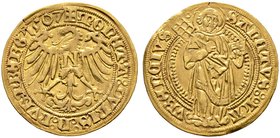 Nürnberg, Stadt. Goldgulden 1507. Nach links blickender Adler mit einem "N" auf Brust / St. Laurentius stehend von vorn mit Rost und Buch, den Kopf le...