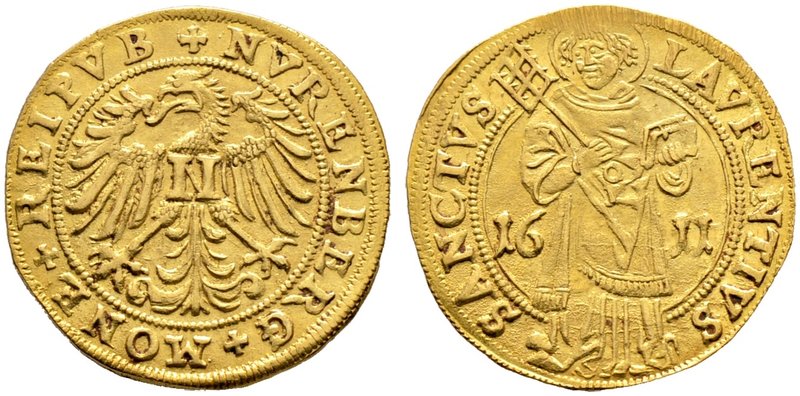 Nürnberg, Stadt. Goldgulden 1611. Adler nach links blickend mit einem "N" auf de...
