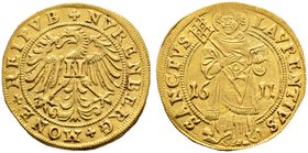 Nürnberg, Stadt. Goldgulden 1611. Adler nach links blickend mit einem "N" auf der Brust / St. Laurentius stehend von vorn mit Rost und Buch zwischen d...