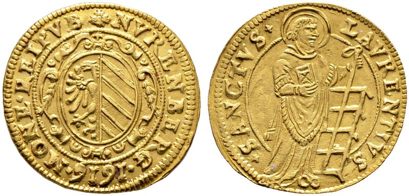 Nürnberg, Stadt. Goldgulden 1616. Ovales Stadtwappen auf verzierter Kartusche / ...