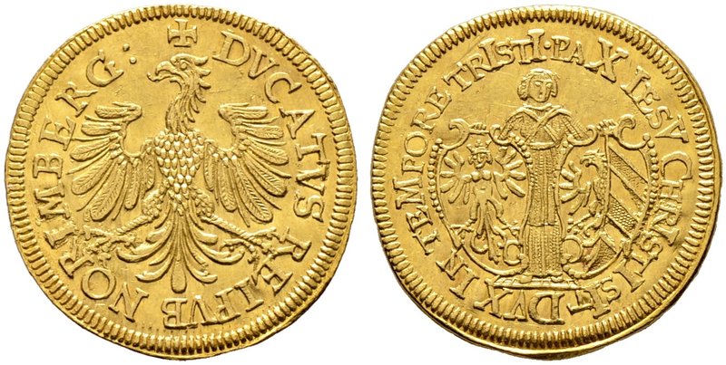 Nürnberg, Stadt. Dukat 1637. Adler nach links blickend / Stehender Genius mit zw...