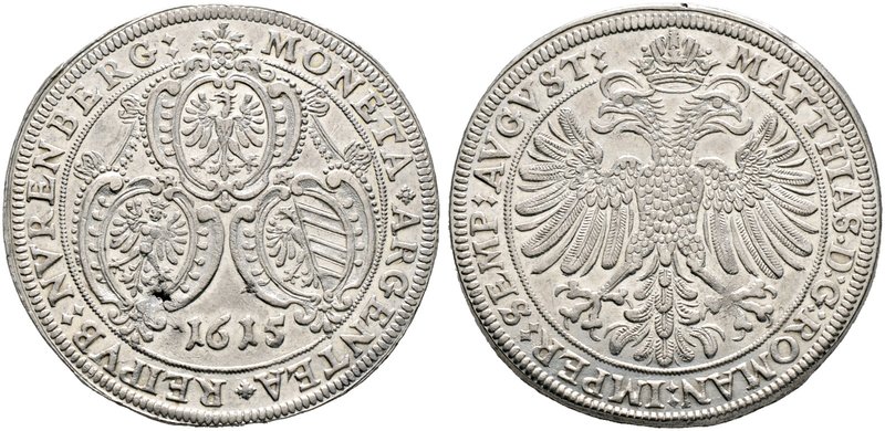 Nürnberg, Stadt. Taler 1615. Drei Stadtwappen auf verzierten Kartuschen, unten d...