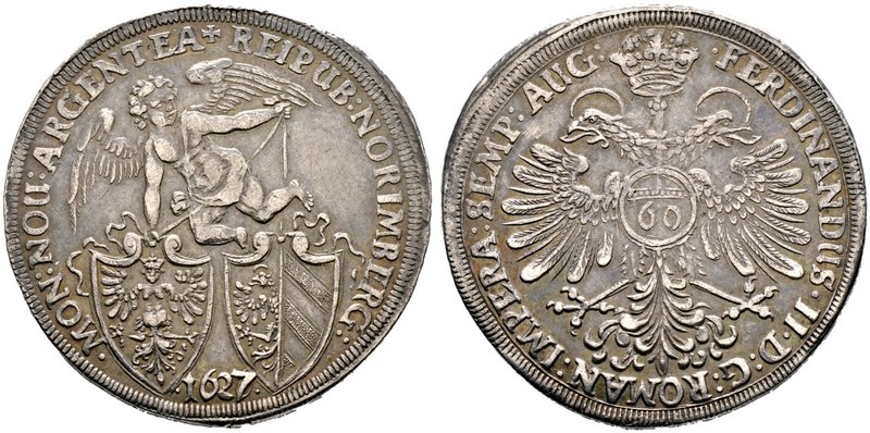 Nürnberg, Stadt. Reichsguldiner zu 60 Kreuzer 1627 (im Stempel aus 1626 geändert...