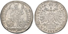 Nürnberg, Stadt. Reichsguldiner zu 60 Kreuzer 1631. St. Sebaldus mit Kirchenmodell zwischen zwei Stadtwappen stehend, im Abschnitt die römische Jahres...