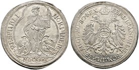 Nürnberg, Stadt. Reichsguldiner zu 60 Kreuzer 1635. Ähnlich wie vorher, jedoch die Aversumschrift beginnt links unten mit dem Münzmeisterzeichen "Kreu...