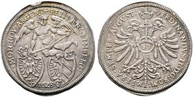 Nürnberg, Stadt. 1/2 Reichsguldiner zu 30 Kreuzer 1628 (aus 1627 im Stempel geändert). Geflügelter Genius über zwei Stadtwappen, unten die Jahreszahl ...