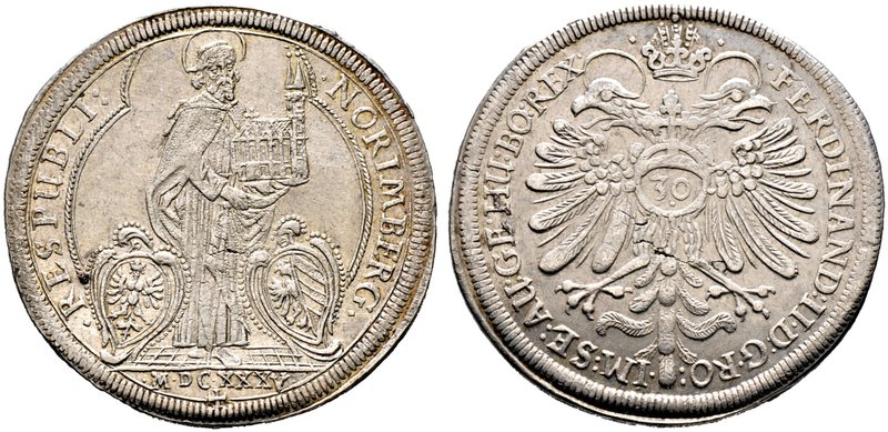 Nürnberg, Stadt. 1/2 Reichsguldiner zu 30 Kreuzer 1635. St. Sebaldus mit Kirchen...