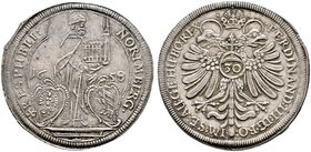 Nürnberg, Stadt. 1/2 Reichsguldiner zu 30 Kreuzer 1658 (aus 1657 im Stempel geändert). Ähnlich wie vorher, jedoch die Aversumschrift beginnt links unt...