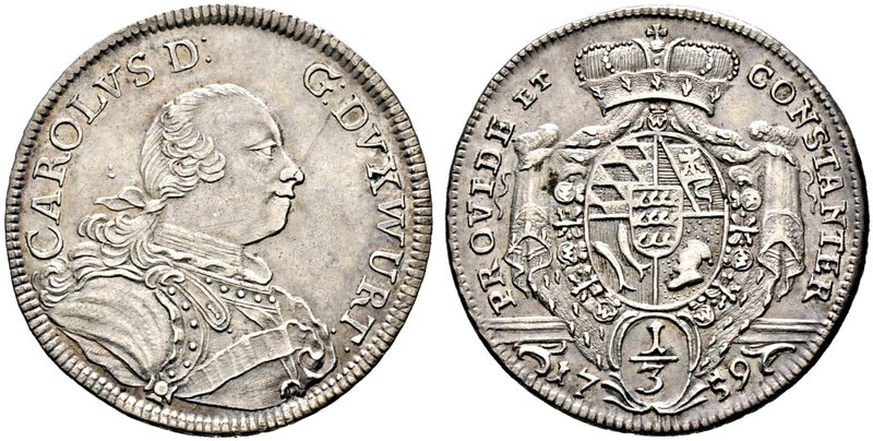 Württemberg. Karl Eugen 1744-1793. 1/3 Reichstaler 1759. Gepanzertes Brustbild n...